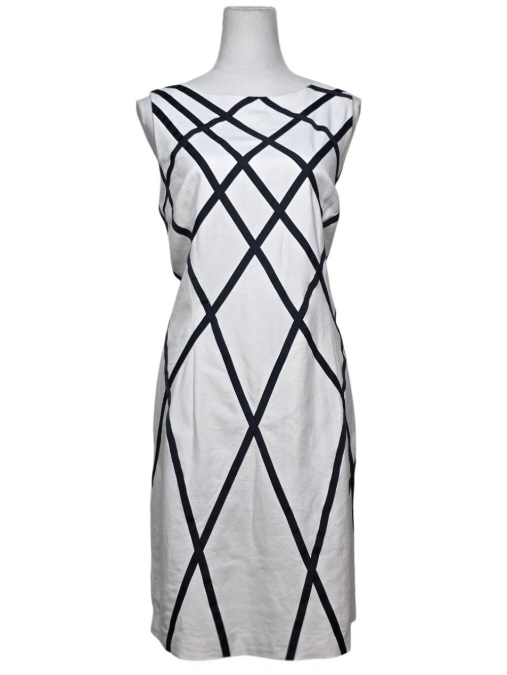 Peter Nygard White Sleeveless Midi Dress wBlack Lattice Cross Ribbon Size 14
